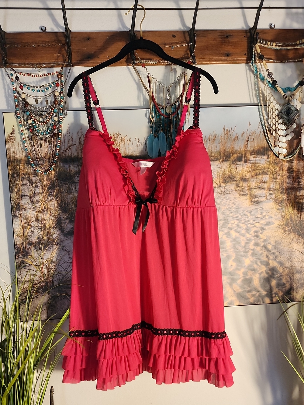Cacique Hot Pink Nightdress with Black Lace Trim